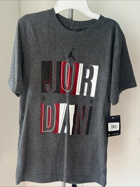 Jordan Boys Gray Short-Sleeve Tee with Red, White and Black Graphic